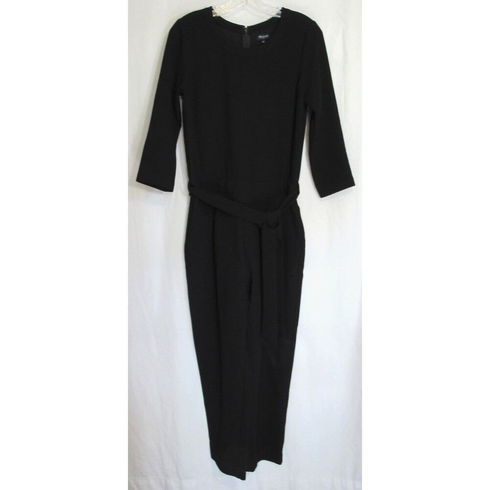 Madewell Black Crepe Back Zip Cropped 3/4 Sleeve Tie Waist Jumpsuit Size 0 EUC